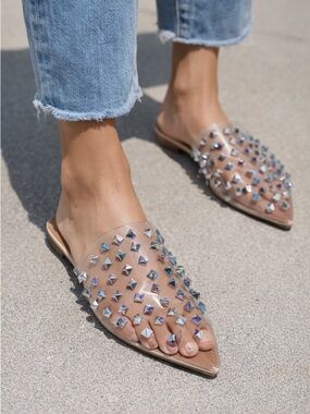 Women’s Clear Studded Pointed Toe Mules, 5.5